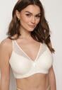 Beżowy Biustonosz Full Cup Koronkowy z Kokardką i Cyrkoniami Lonikoria