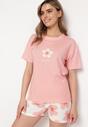 Różowy Kwiatowy Komplet Piżamowy Koszulka z Krótkim Rękawem i Szorty z Gumką Telorian