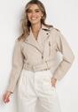Beżowa Kurtka Ramoneska Vintage  o Krótkim Fasonie z Imitacji Skóry Corissande