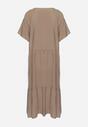 Ciemnobeżowa Bawełniana Sukienka Midi Rozkloszowana z Trójkątnym Dekoltem Zeprielle