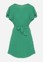 Zielona Sukienka Mini z Krótkim Rękawem Rozkloszowana z Paskiem i Falbanami na Rękawie Silvaina