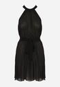 Czarna Plisowana Sukienka Mini z Materiałowym Paskiem z Zapięciem przy Karku Xaliarra