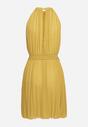 Żółta Plisowana Sukienka Mini z Materiałowym Paskiem z Zapięciem przy Karku Xaliarra
