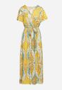 Żółta Długa Sukienka z Wiskozy z Kopertową Górą i Geometrycznym Wzorem Amareth