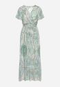 Jasnozielona Długa Sukienka z Wiskozy z Kopertową Górą i Geometrycznym Wzorem Amareth