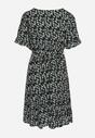 Czarno-Beżowa Sukienka Mini z Wiskozy Ozdobiona Falbanką w Kwiatowy Wzór Ravenina