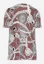 Ciemnoróżowa Elastyczna Bluzka z Krótkim Rękawem z Oryginalnym Nadrukiem i Klamrą Dordria