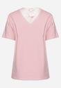 Różowy Bawełniany T-shirt ze Wstawką z Siateczki na Tyle i Ozdobnymi Cyrkoniami Obarca