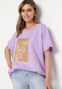 Fioletowy Bawełniany T-shirt z Nadrukiem i Haftowanymi Wstawkami Varetias