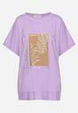 Fioletowy Bawełniany T-shirt z Nadrukiem i Haftowanymi Wstawkami Varetias