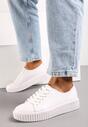 Białe Sznurowane Sneakersy z Ekoskóry na Prążkowanej Podeszwie ze Skórzaną Wkładką Loseria