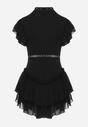 Czarna Sukienka Mini Kombinezon z Falbankami na Dole i przy Ramionach z Ażurową Tasiemką Narelda