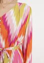 Fuksjowo-Pomarańczowa Wiskozowa Sukienka Długa w Abstrakcyjny Print z Paskiem w Talii Luine