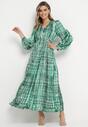Zielona Sukienka Maxi z Gumką w Talii i Plisowanym Dołem w Tweedowy Wzór Viostana