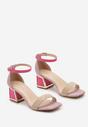 Beżowo-Różowe Sandały na Słupku z Metaliczną Wstawką i Zapięciem Przy Kostce Emmia