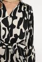 Czarno-Beżowa Sukienka Koszulowa Ozdobiona Geometrycznym Wzorem i Wiązanym Paskiem Nilana