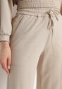 Beżowy Komplet Bawełniany Spodnie Szerokie ze Sznurkiem w Pasie i Bluza ze Ściągaczami Urionne