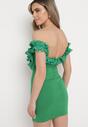 Zielona Dopasowana Sukienka Mini z Hiszpańskim Dekoltem z Falbankami Ionas