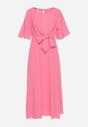 Różowa Sukienka Maxi z Ozdobnym Wiązaniem i Gumką w Talii Myrcella