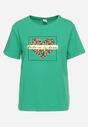 Zielony Bawełniany T-shirt z Ozdobnym Nadrukiem na Przodzie Janettia