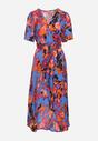 Niebiesko-Pomarańczowa Sukienka z Kopertowym Dekoltem i Asymetrycznym Dołem z Gumką w Talii Coralen