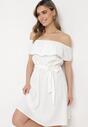 Biała Hiszpanka Sukienka z Materiałowym Paskiem o Rozkloszowanym Kroju Konielle