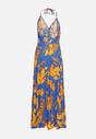 Niebieska Letnia Sukienka Maxi w Kwiatowy Wzór o Rozkloszowanym Dole z Wiskozy Heviana