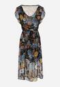Czarno-Niebieska Sukienka Rozkloszowana Midi w Kwiatowy Print Nelettia