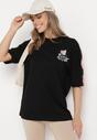 Czarny Bawełniany T-shirt o Fasonie Oversize z Nadrukiem Misia Nellene