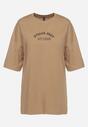 Beżowy T-shirt Oversize z Bawełny z Dużym Nadrukiem Kestrella