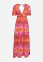 Fioletowo-Pomarańczowa Sukienka Rozkloszowana z Trójkątnym Dekoltem w Abstrakcyjny Wzór Valmana