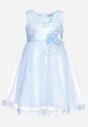 Niebieska Sukienka Princeska o Rozkloszowanym Fasonie z Aplikacją Kwiatka Alevirpa