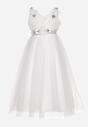 Biała Rozkloszowana Sukienka Tiulowa Zdobiona Kwiatami 3D Vitra