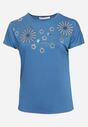 Niebieski Bawełniany T-shirt Nietoperz Ozdobiony Cyrkoniami Rinada