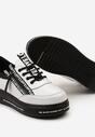 Biało-Czarne Sznurowane Sneakersy na Grubej Podeszwie ze Skórzaną Wkładką Napisami i Dekoracyjnym Suwakiem Iriane