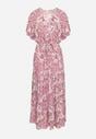 Różowa Bawełniana Sukienka z Gumką w Talii i Wzorem w Kwiatki Rheani
