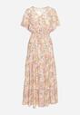 Jasnoróżowa Bawełniana Sukienka z Gumką w Talii i Wzorem w Kwiatki Rheani