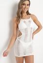 Biała Dopasowana Sukienka Ażurowa Mini z Wiązaniem na Szyi Avanthika