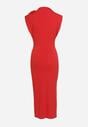 Czerwona Sukienka Midi Dopasowana z Ozdobną Broszką w Kształcie Kwiatka Agnolia