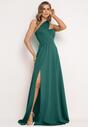 Zielona Rozkloszowana Sukienka z Asymetryczną Górą i Wiązaniem na Ramieniu z Rozcięciem Efirey