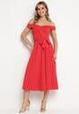 Czerwona Elegancka Sukienka o Fasonie Hiszpanki z Materiałowym Paskiem Xaelia