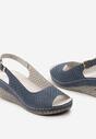 Niebieskie Sandały na Koturnie ze Skórzaną Wkładką i Ażurowym Wzorem Sairema