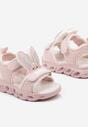 Różowe Płaskie Sandały ze Skórzaną Wkładką Zapinane na Rzep z Aplikacją 3D Lutosla