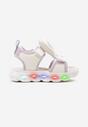 Biało-Fioletowe Płaskie Sandały ze Skórzaną Wkładką Zapinane na Rzep z Aplikacją 3D Lutosla