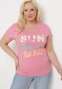 Różowa Bluzka T-shirt z Napisem na Przodzie Vanneli