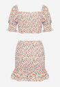 Biało-Różowy Letni Komplet Krótka Bluzka Spódniczka z Wysokim Stanem z Falbankami Maribella