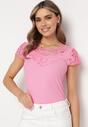 Różowy Prążkowany T-shirt z Krótkim Rękawem Ozdobiony Koronką Neliah