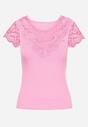 Różowy T-shirt z Koronkową Wstawką z Prążkowanego Materiału Celalilena