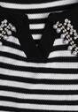 Czarno-Biała Bluzka w Paski z Wiskozy Kołnierzyk Ozdobiony Cyrkoniami i Perełkami Lexara
