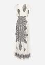 Jasnobeżowa Sukienka w Ornamentalny Wzór z Kopertowym Dekoltem i Gumką w Talii Elasevia